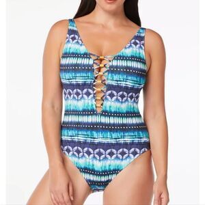 Bleu by Rod Beattie lattice Lace-Up Over-the-Shoulder One-Piece Swimsuit…
